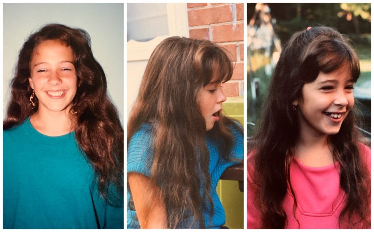 Collage of three photos of an elementary school-aged girl with long brown hair