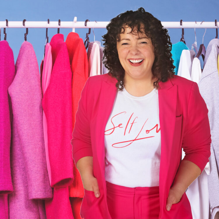 Charles Perri of Wardrobe Oxygen standing in front of a rack of colorful clothing