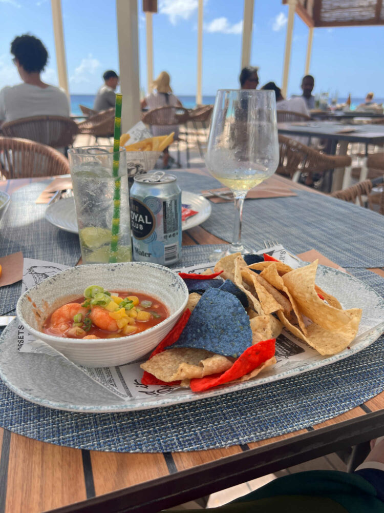 a plate of tortilla chips and ceviche with a can of club soda and a glass of white wine on a table outside overlooking the beach