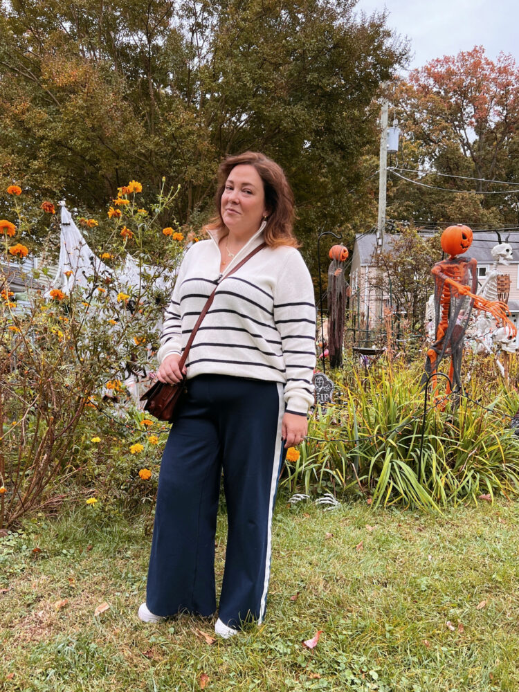 Alison of Wardrobe Oxygen wearing the Universal Standard Stephanie ponte pants with a Joules zip neck Breton sweater