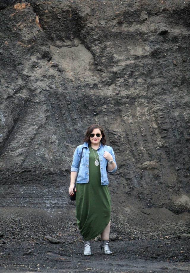 Wardrobe Oxygen, over 40 fashion blogger in a Universal Standard Geneva dress with a J. Crew Factory denim jacket and silver snakeskin booties