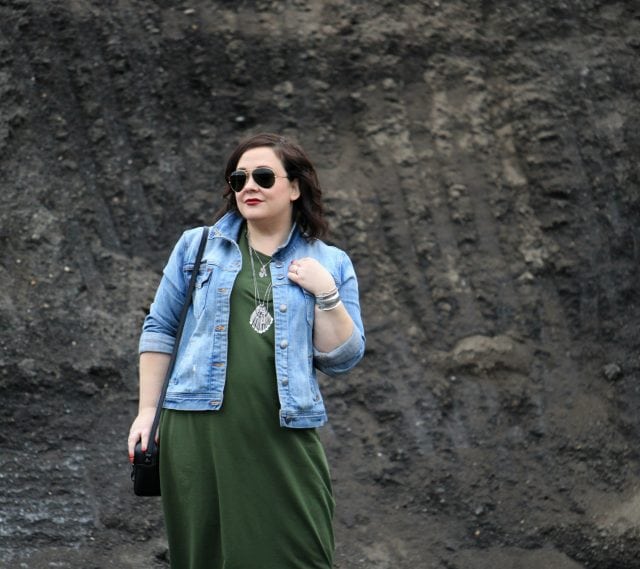 Wardrobe Oxygen, over 40 fashion blogger in a Universal Standard Geneva dress with a J. Crew Factory denim jacket and silver snakeskin booties